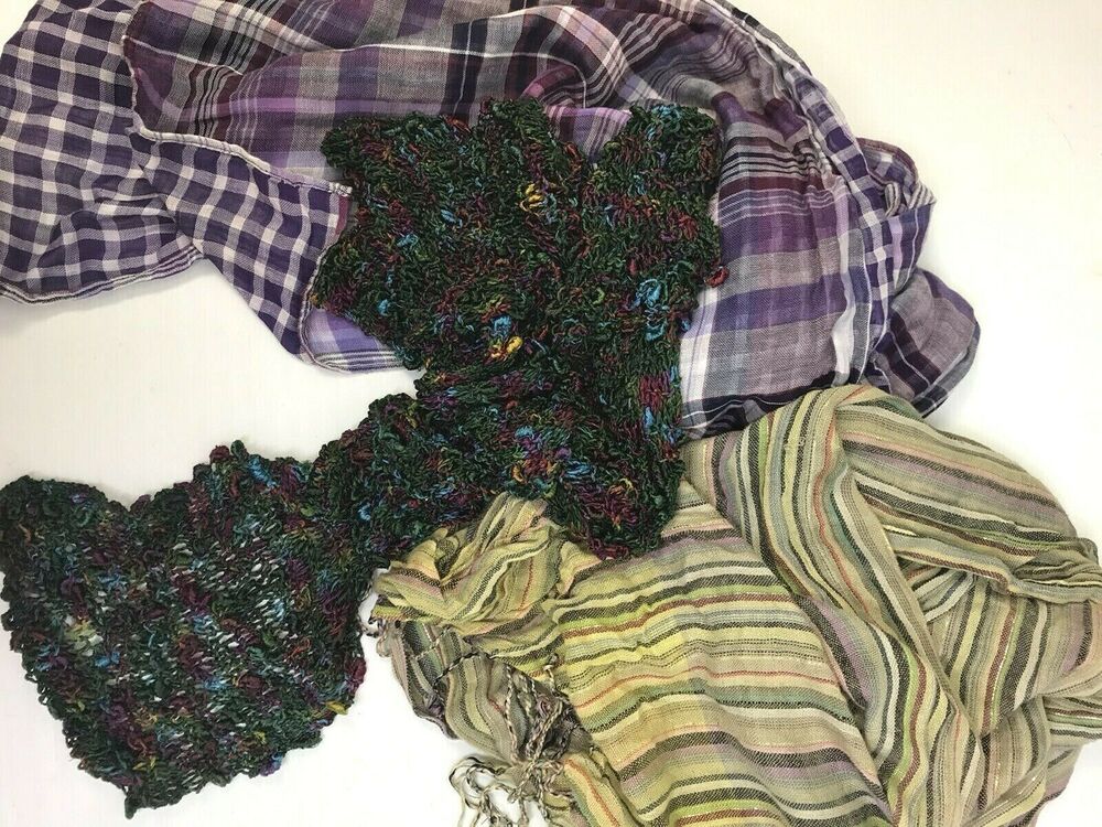 Scarves Set of 3 Plaid Stripe Knit Long Head Neck
